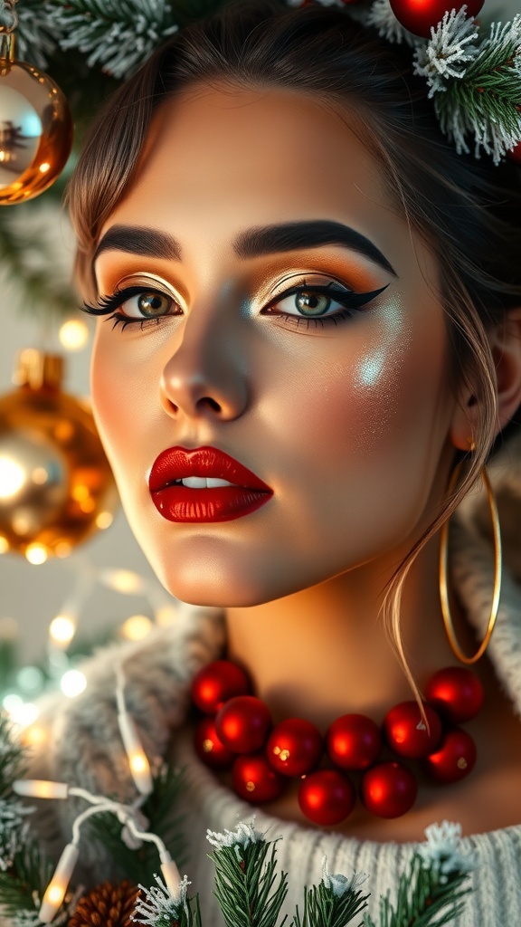 Festive Christmas Xiaohongshu Makeup Guide Festive Christmas makeup look with red lips and gold eyeshadow, set against a backdrop of Christmas decorations.
